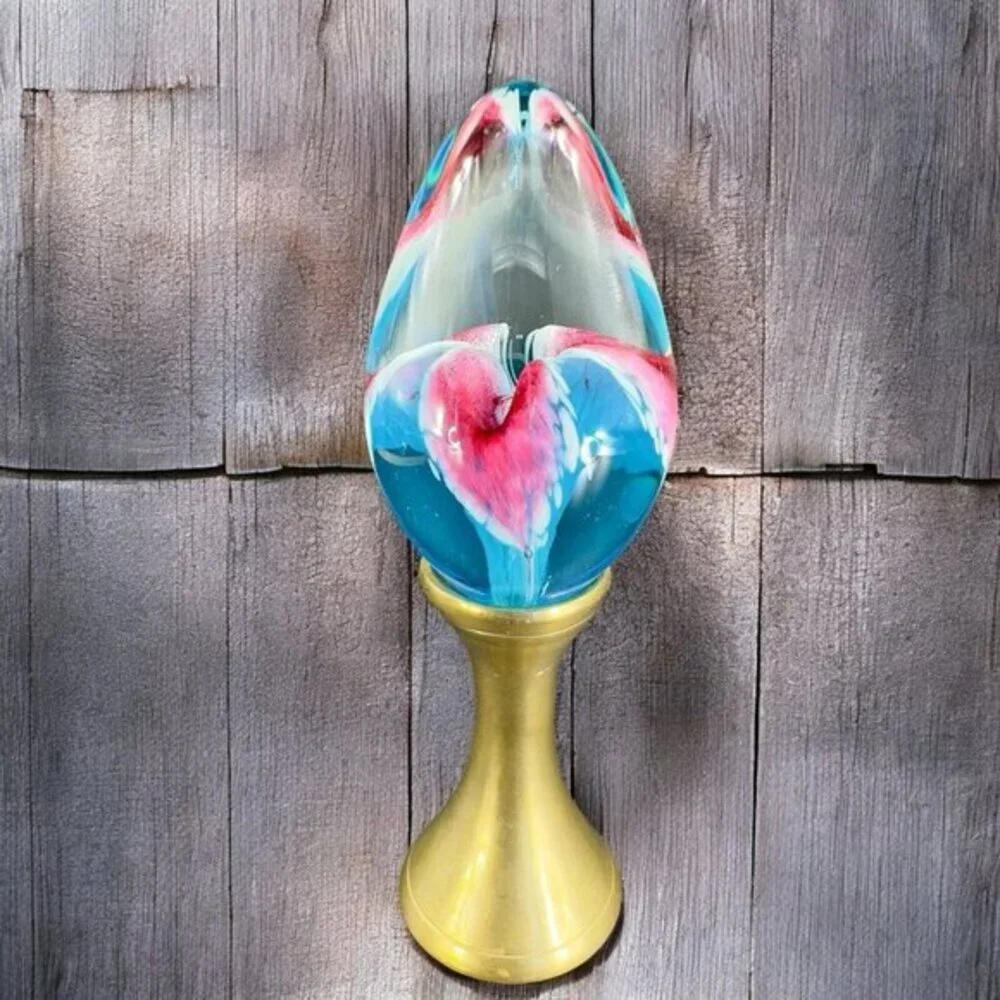 Vintage 1995‎ GES Glass Eye Studio Egg Shape Paperweight On Brass Stand Figure